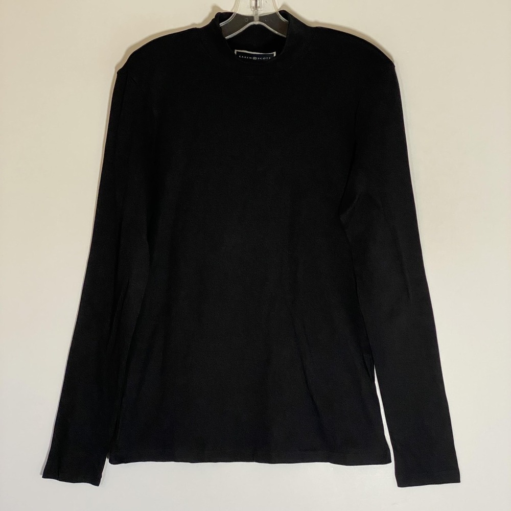 Karen Scott Shirt Womens Medium Black Mock Neck Long Sleeve Cotton Tee Top